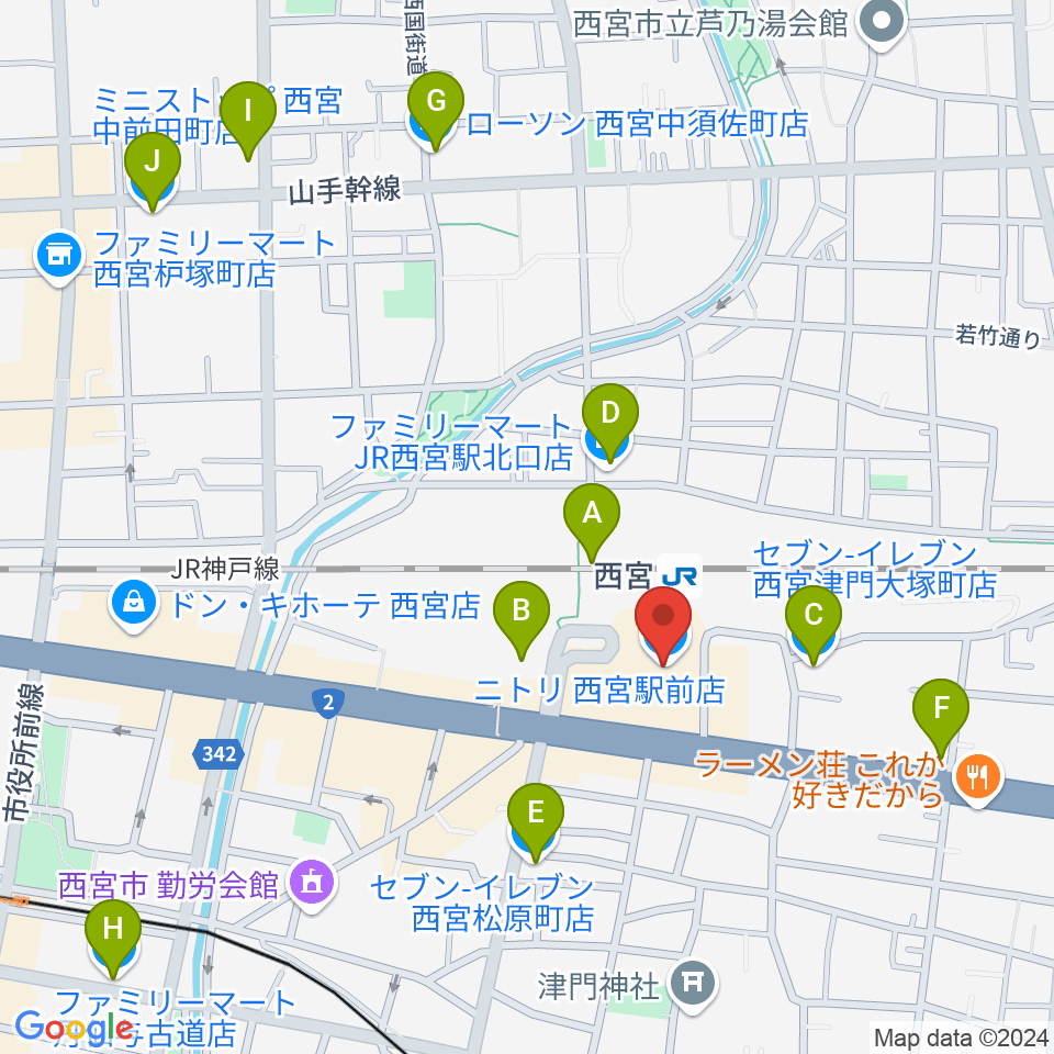 西宮市フレンテホール周辺のコンビニエンスストア一覧地図