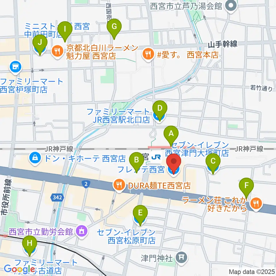 西宮市フレンテホール周辺のコンビニエンスストア一覧地図