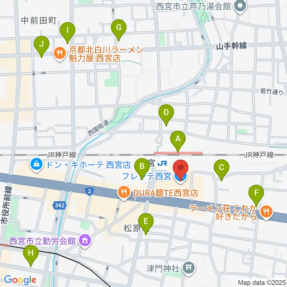 西宮市フレンテホール周辺のコンビニエンスストア一覧地図
