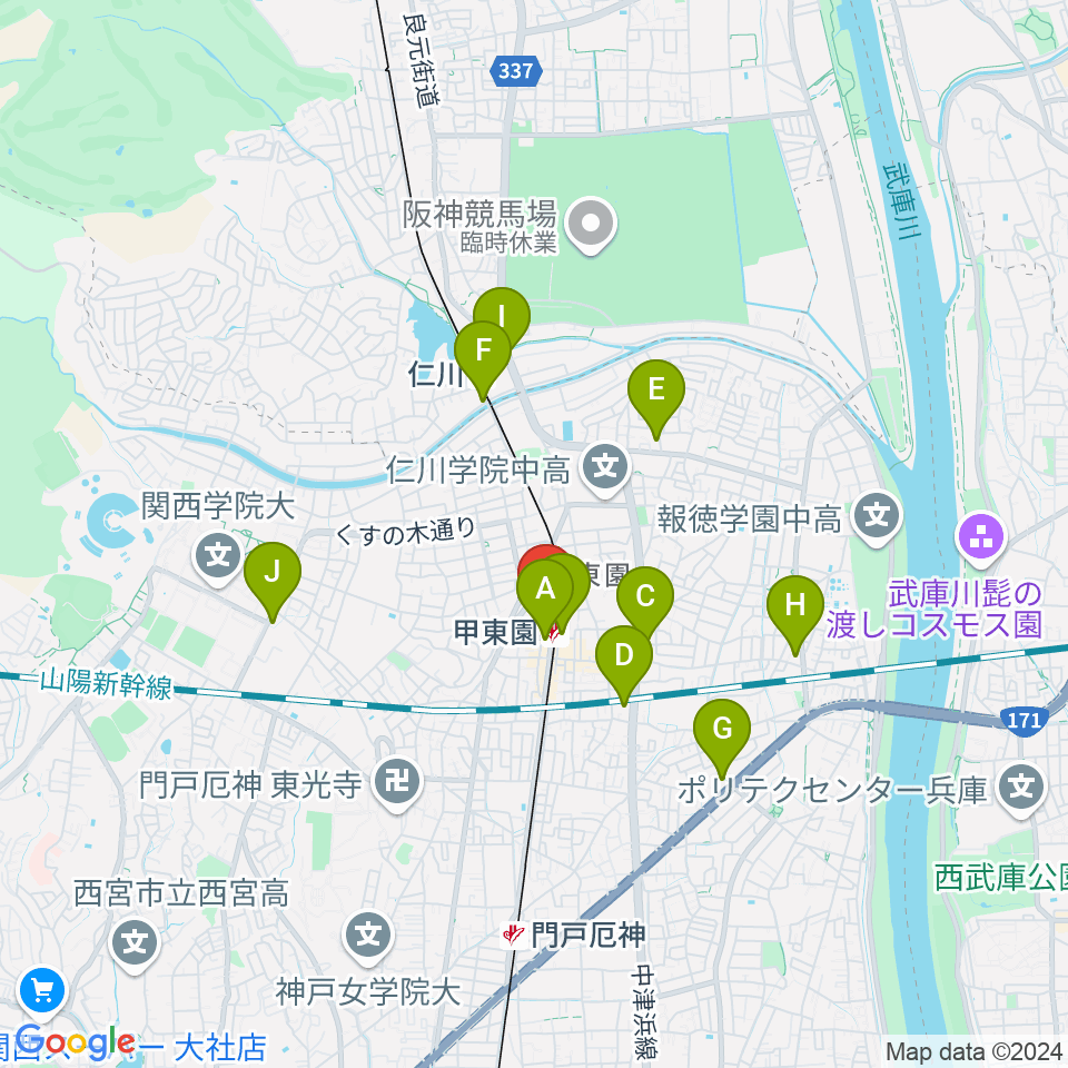 西宮市甲東ホール周辺のコンビニエンスストア一覧地図