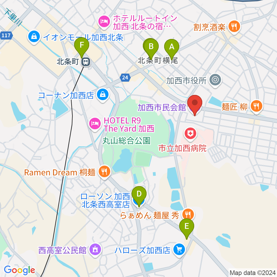 加西市民会館周辺のコンビニエンスストア一覧地図