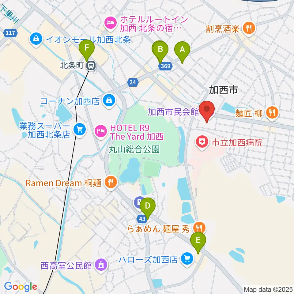加西市民会館周辺のコンビニエンスストア一覧地図