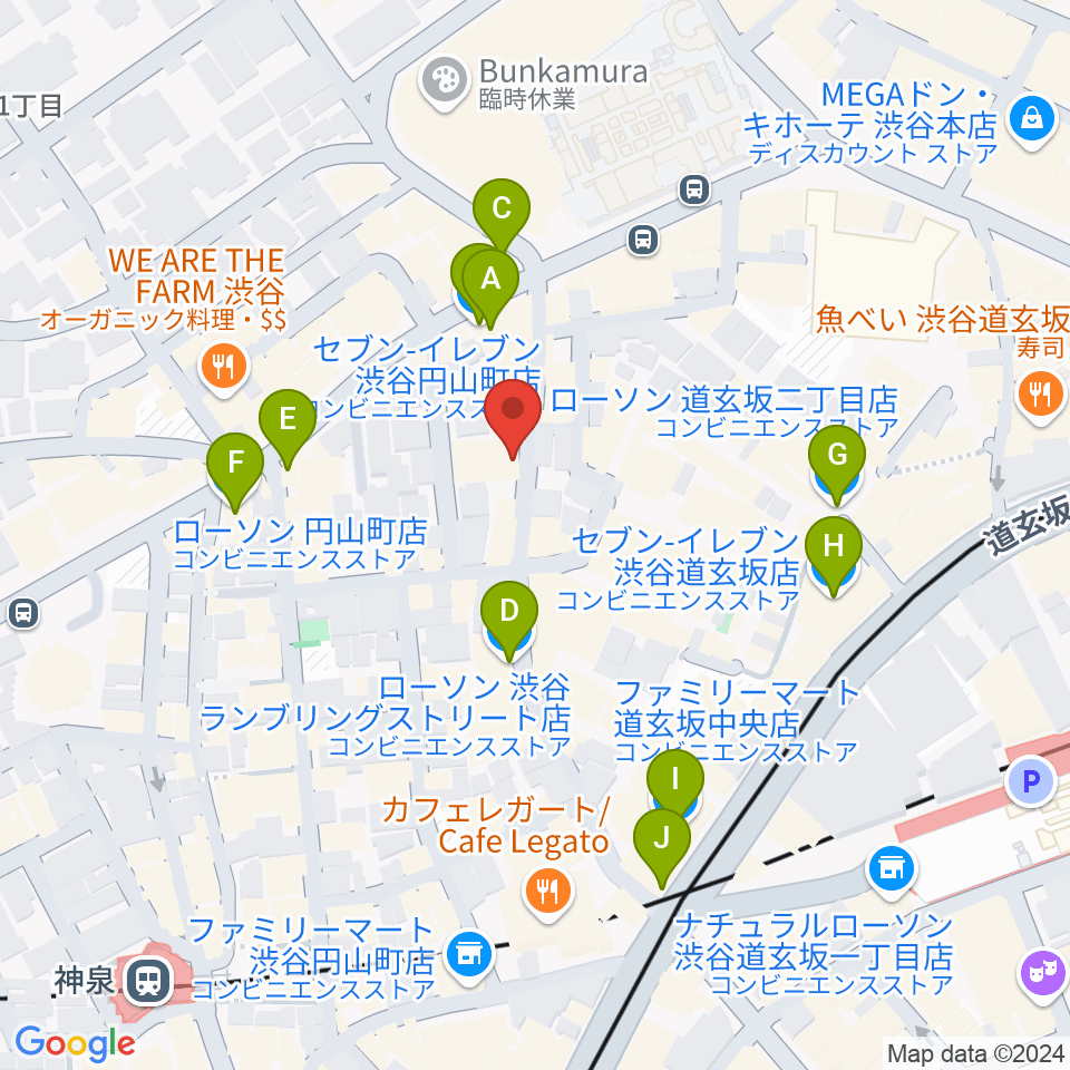 渋谷ユーロライブ周辺のコンビニエンスストア一覧地図