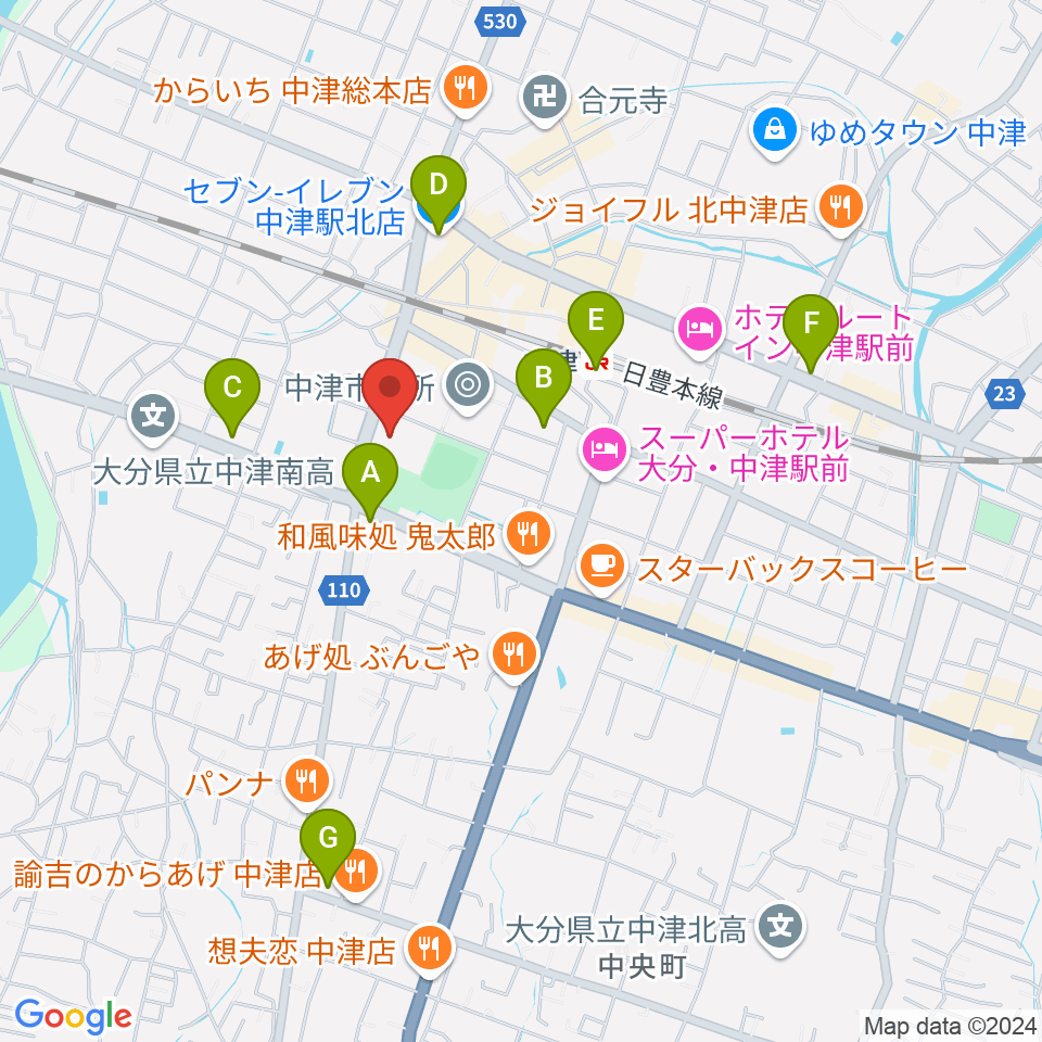 中津文化会館周辺のコンビニエンスストア一覧地図