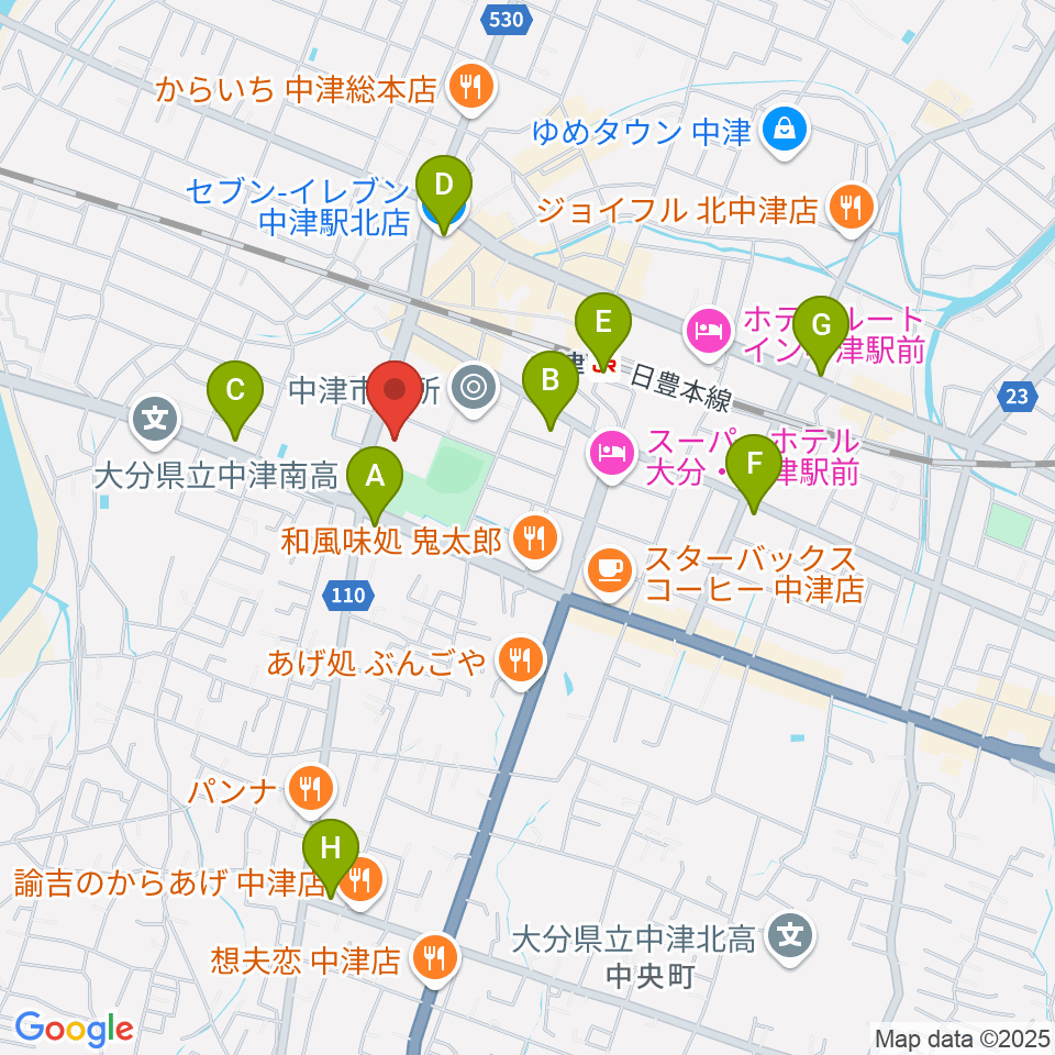 中津文化会館周辺のコンビニエンスストア一覧地図