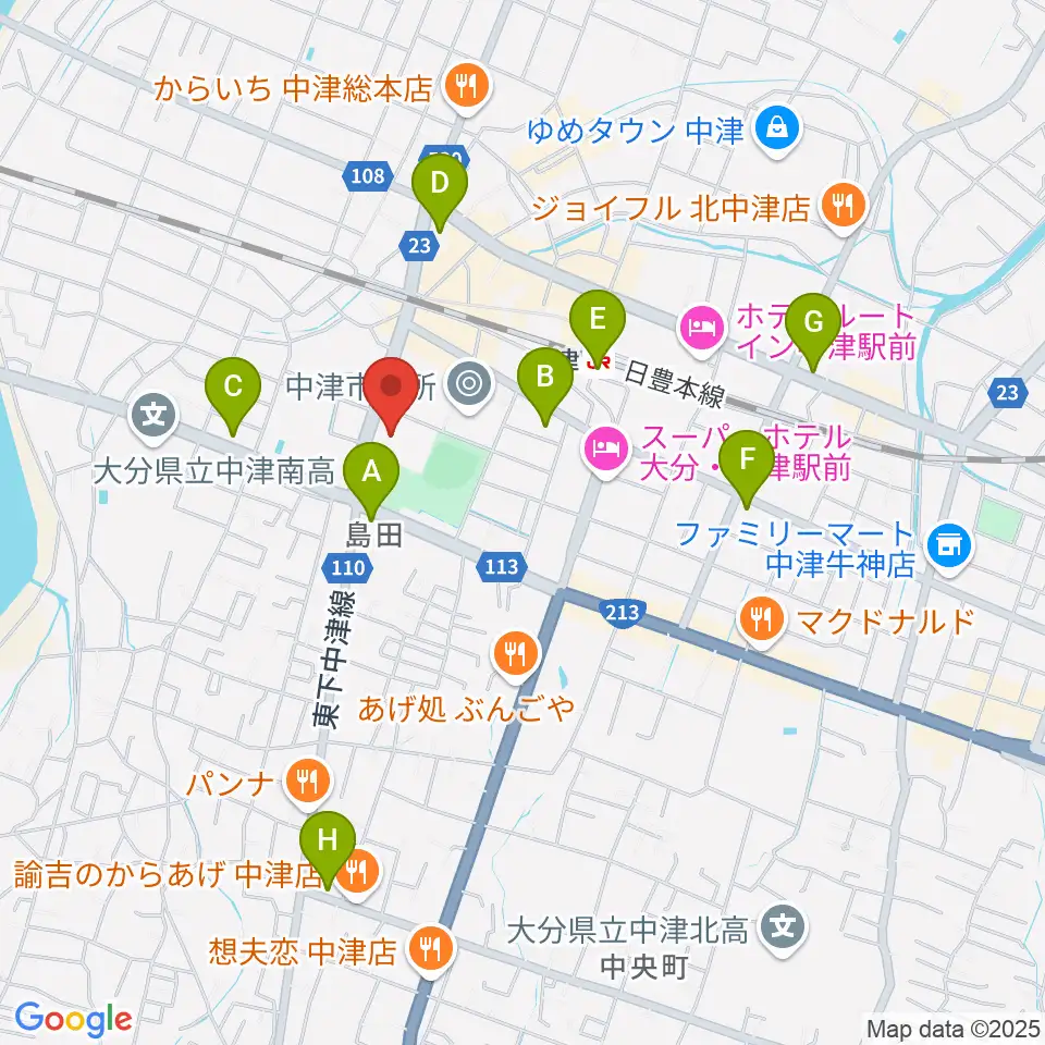 中津文化会館周辺のコンビニエンスストア一覧地図