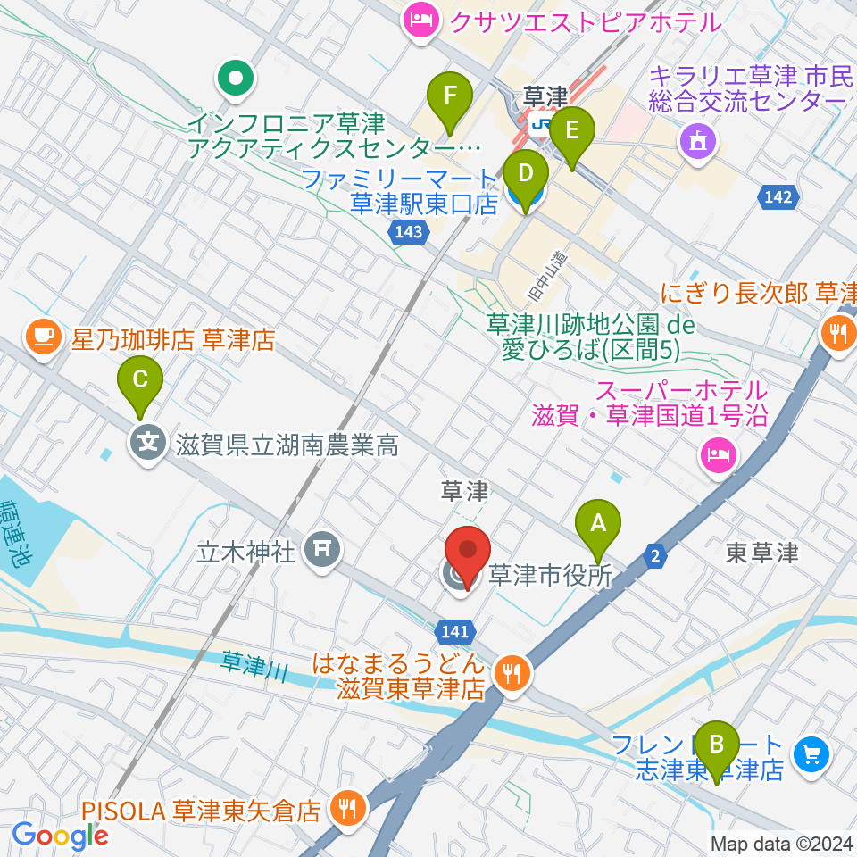 草津アミカホール周辺のコンビニエンスストア一覧地図