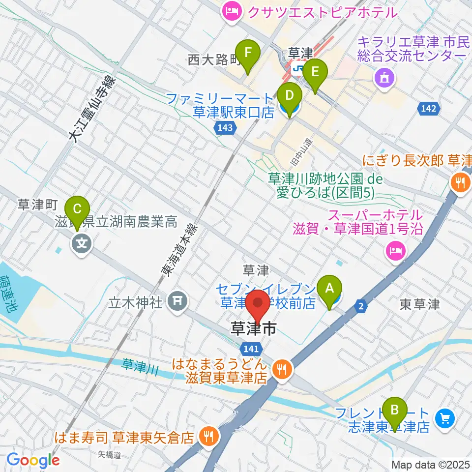 草津アミカホール周辺のコンビニエンスストア一覧地図