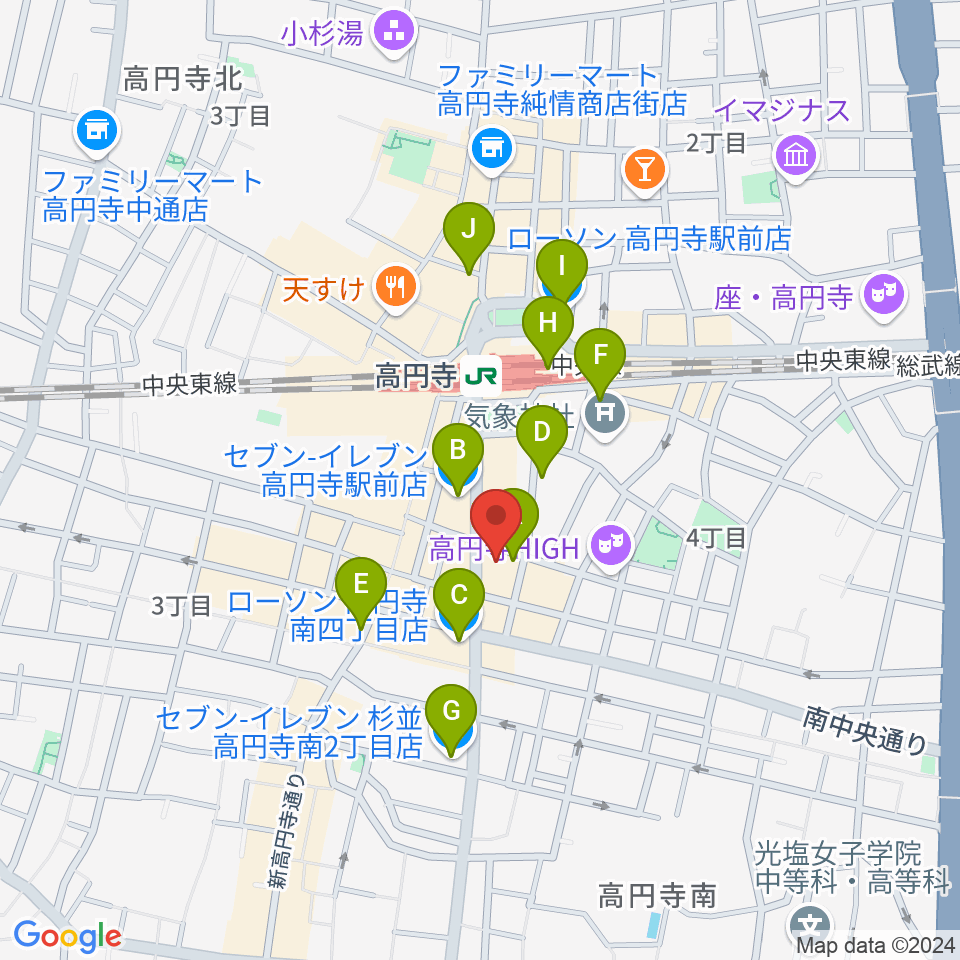 高円寺レコードショップBASE周辺のコンビニエンスストア一覧地図