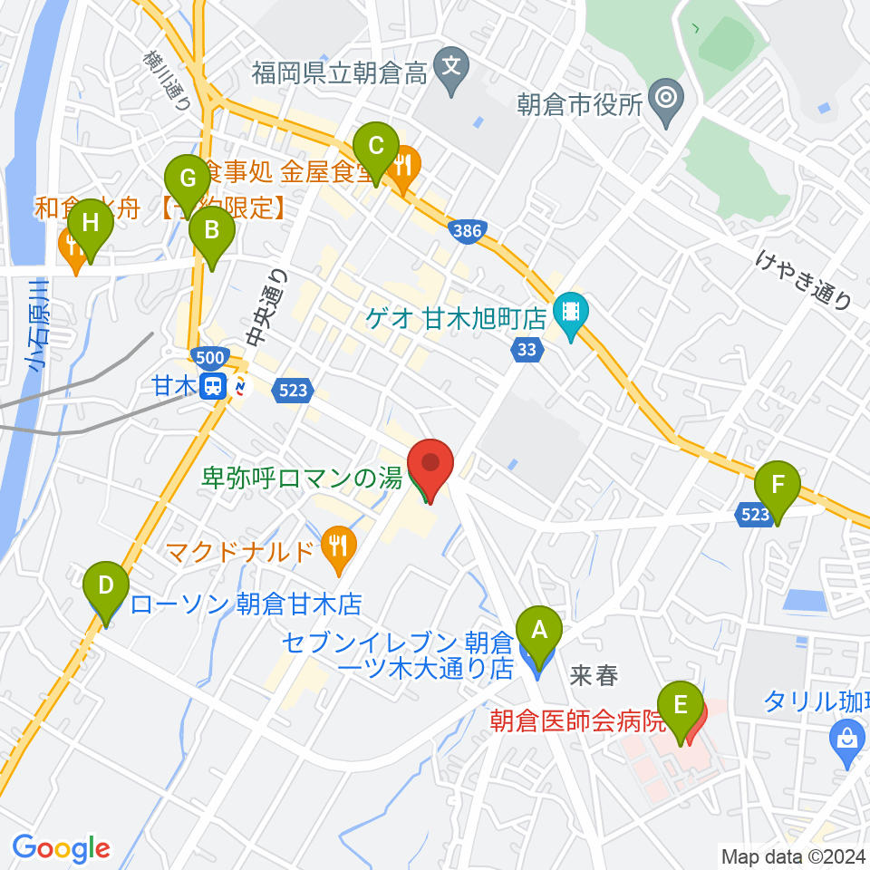 ピーポート甘木（朝倉市総合市民センター）周辺のコンビニエンスストア一覧地図