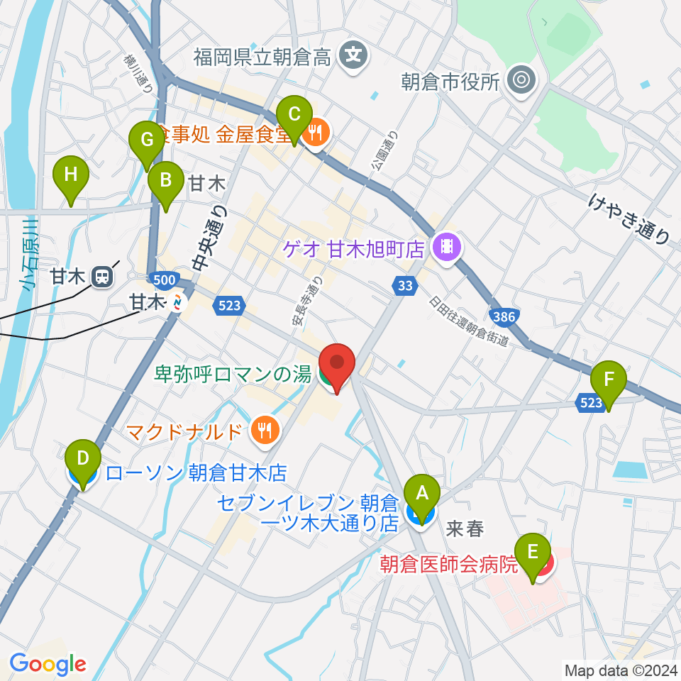 ピーポート甘木（朝倉市総合市民センター）周辺のコンビニエンスストア一覧地図