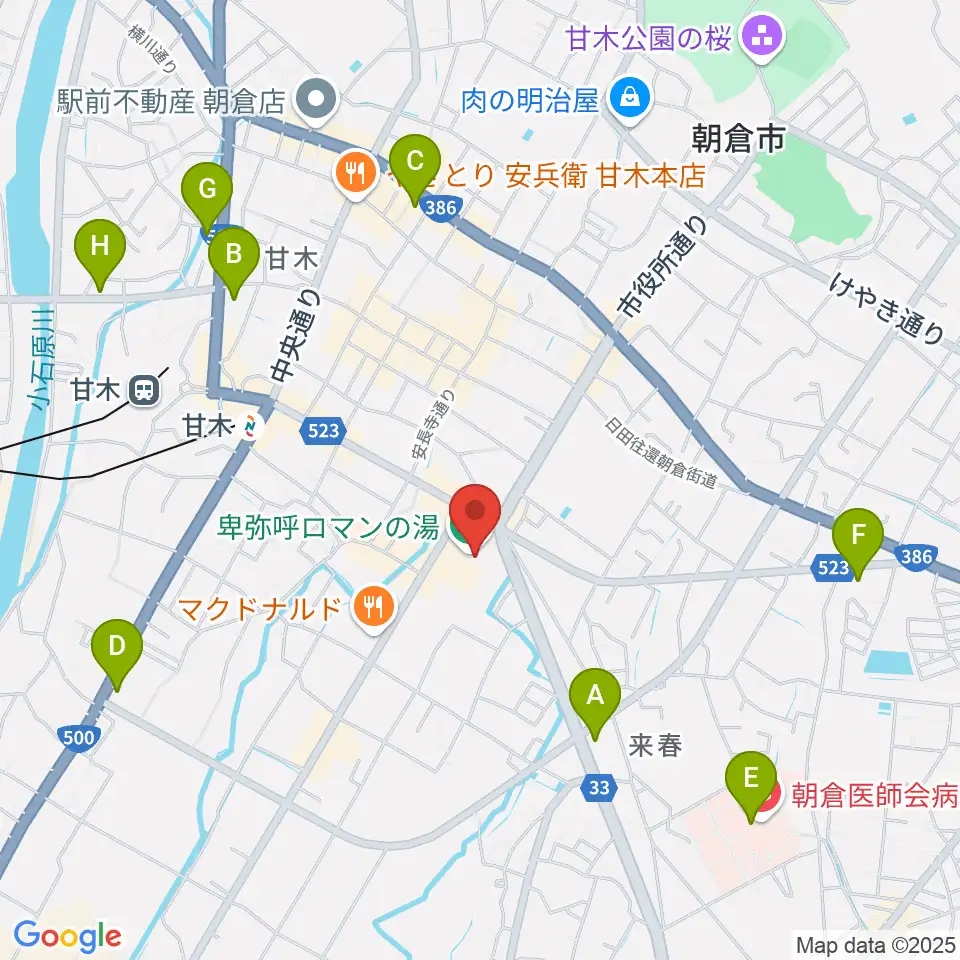 ピーポート甘木(朝倉市総合市民センター)周辺のコンビニエンスストア一覧地図