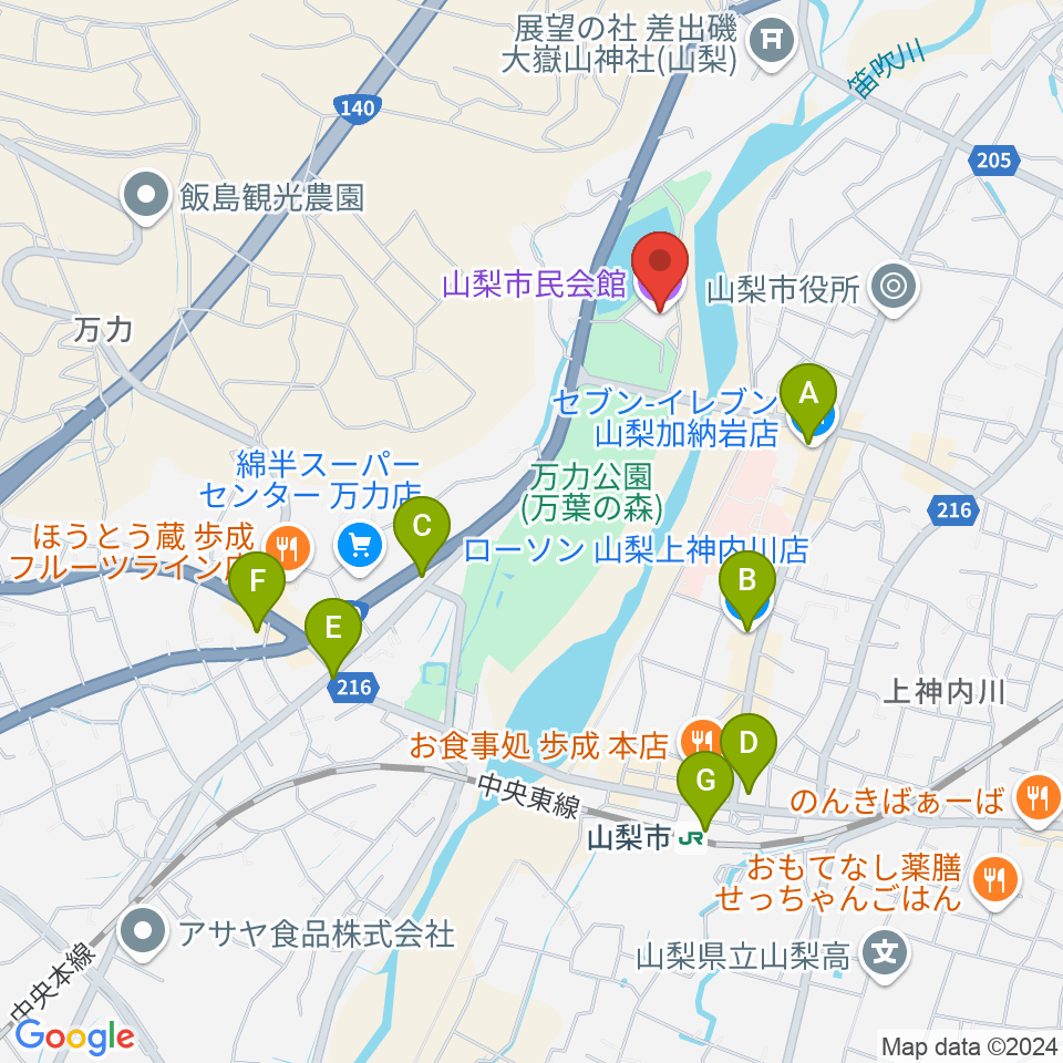 山梨市民会館周辺のコンビニエンスストア一覧地図