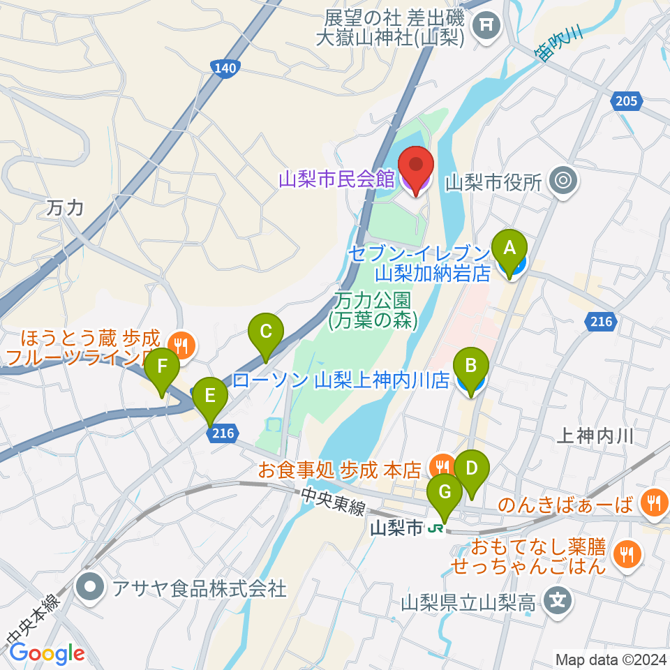 山梨市民会館周辺のコンビニエンスストア一覧地図