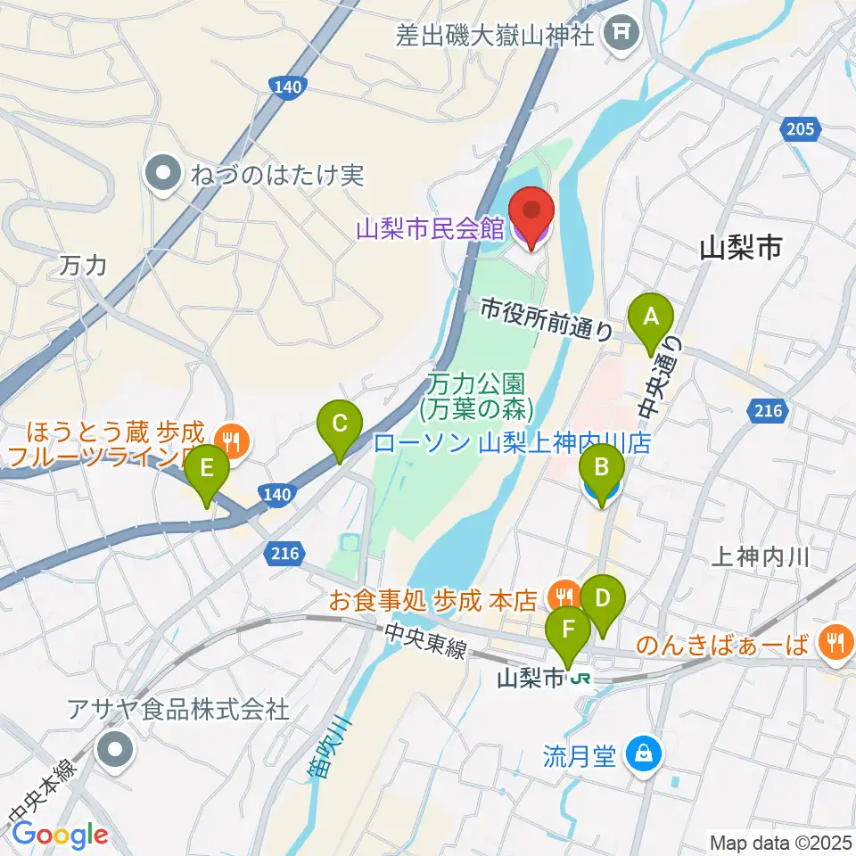 山梨市民会館周辺のコンビニエンスストア一覧地図