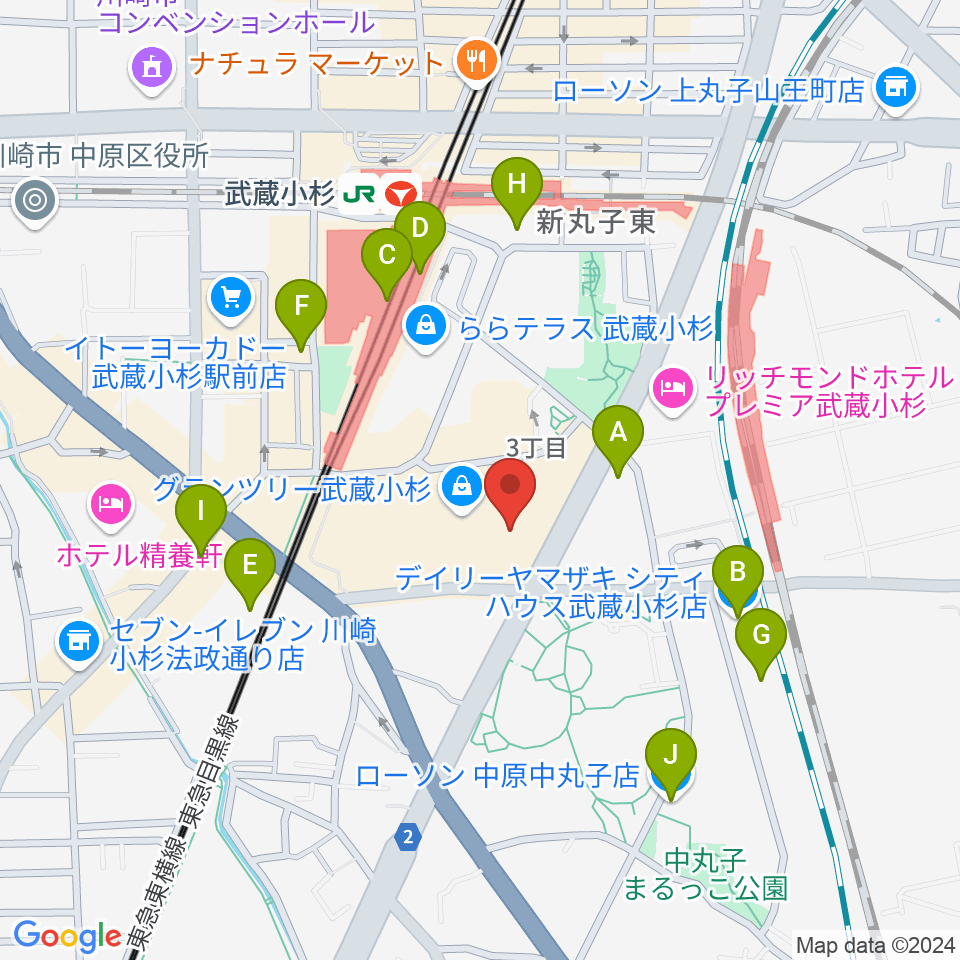 山野楽器 武蔵小杉店周辺のコンビニエンスストア一覧地図