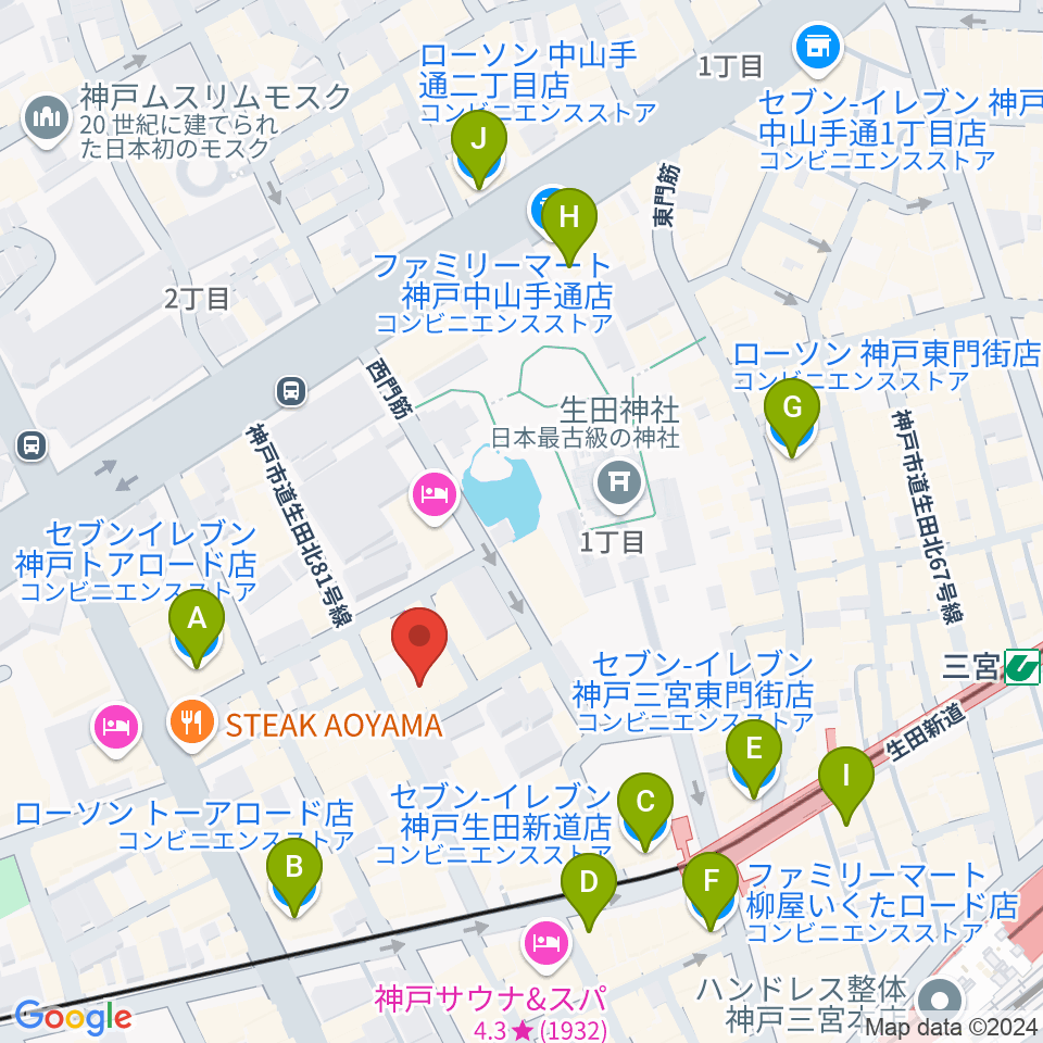 神戸Brothers and Sisters周辺のコンビニエンスストア一覧地図