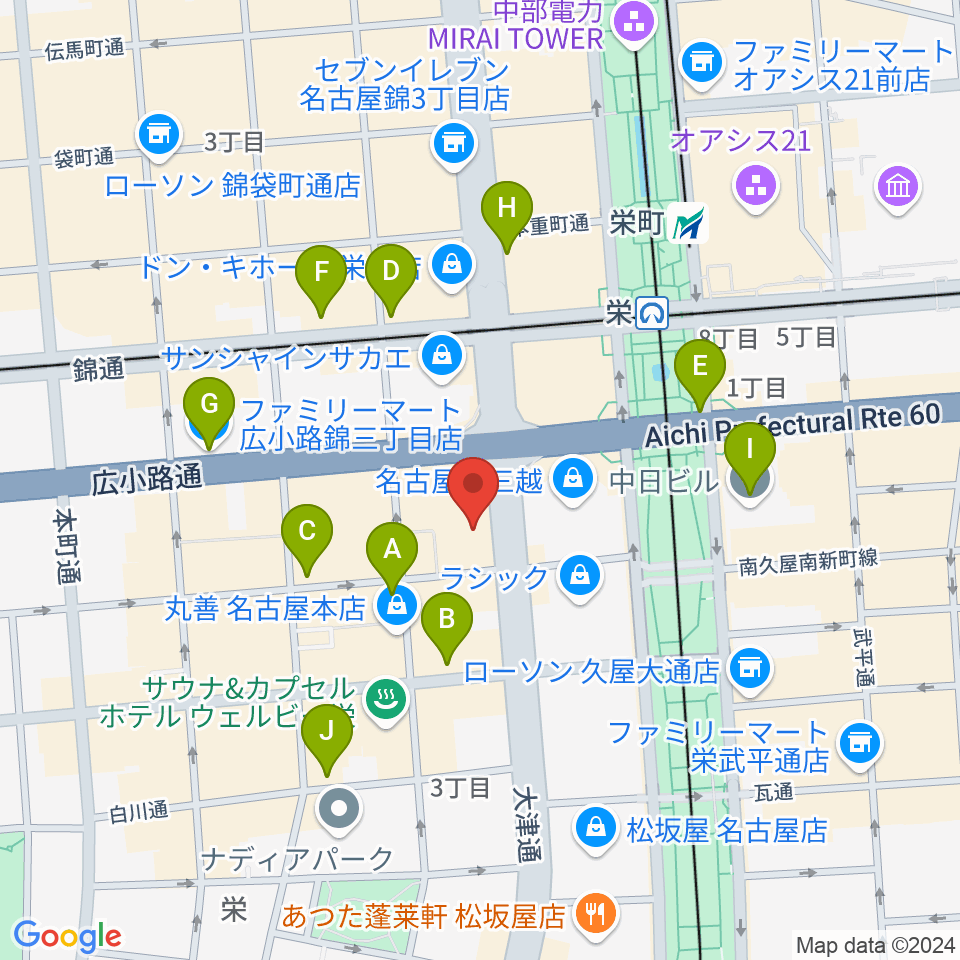 HMV栄周辺のコンビニエンスストア一覧地図