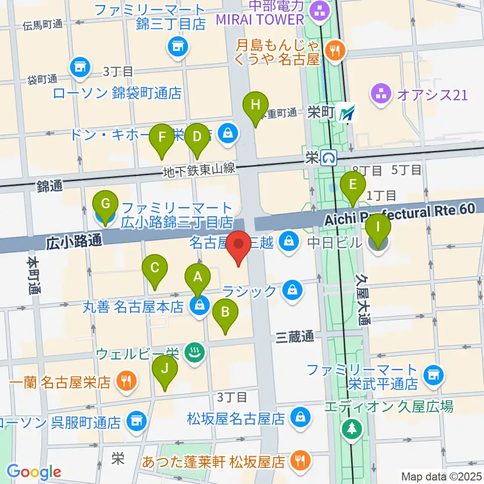 HMV栄周辺のコンビニエンスストア一覧地図