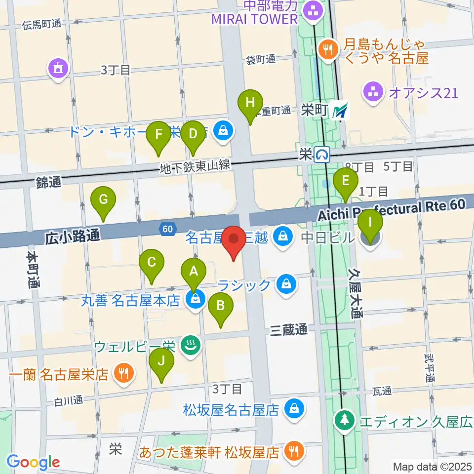 HMV栄周辺のコンビニエンスストア一覧地図