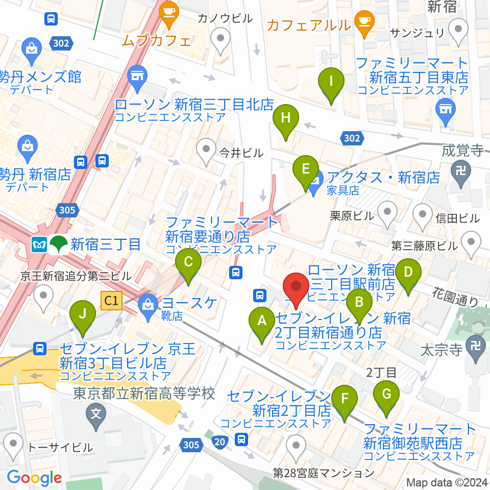 新宿Azzitto1224周辺のコンビニエンスストア一覧地図