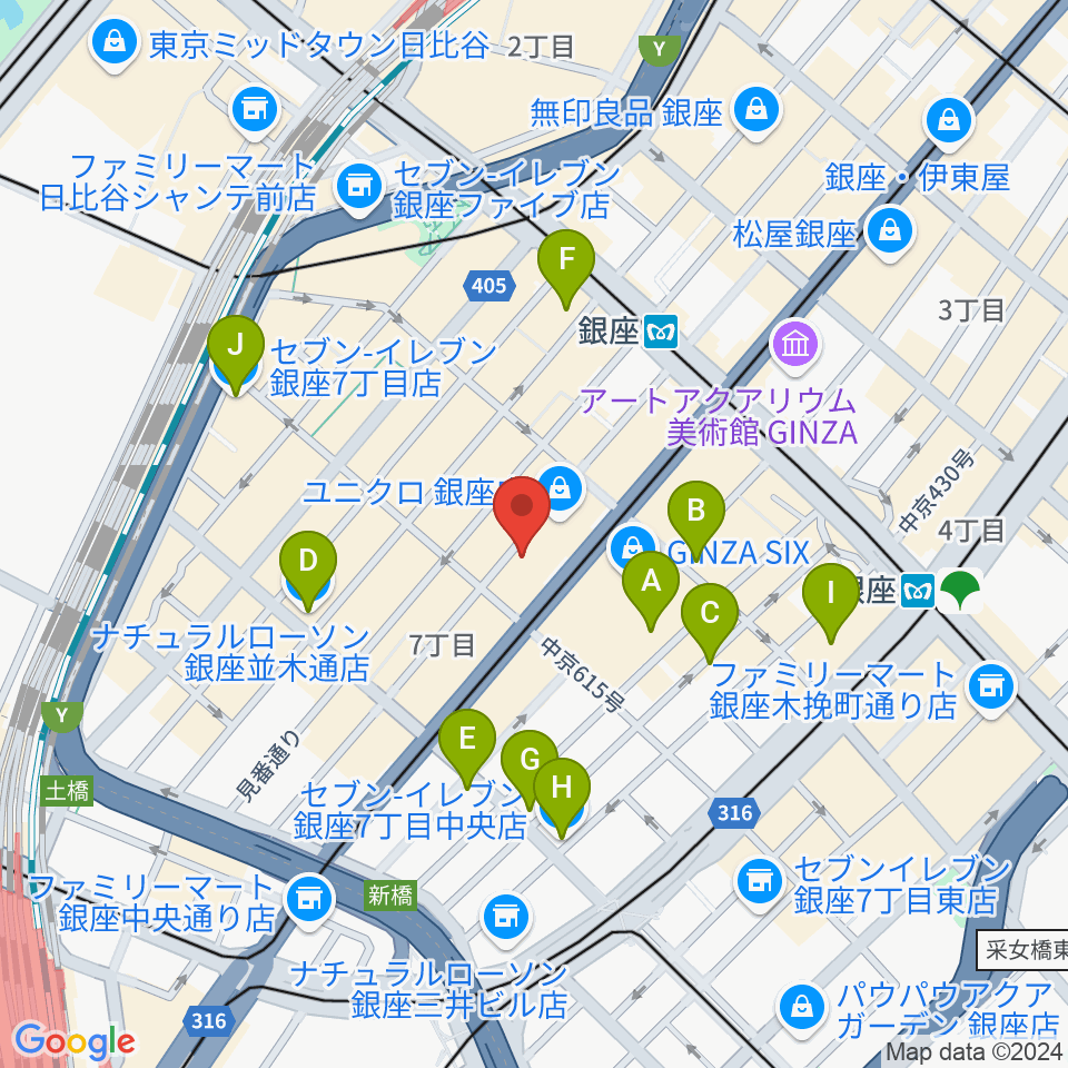 銀座タクト周辺のコンビニエンスストア一覧地図