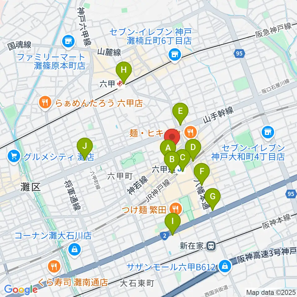 六甲道ミュージックスクール周辺のコンビニエンスストア一覧地図