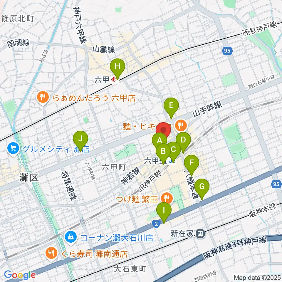 六甲道ミュージックスクール周辺のコンビニエンスストア一覧地図