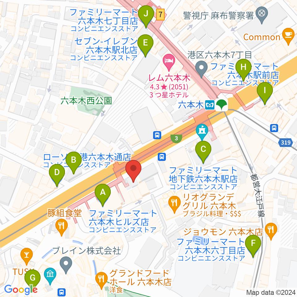 六本木アルフィー周辺のコンビニエンスストア一覧地図