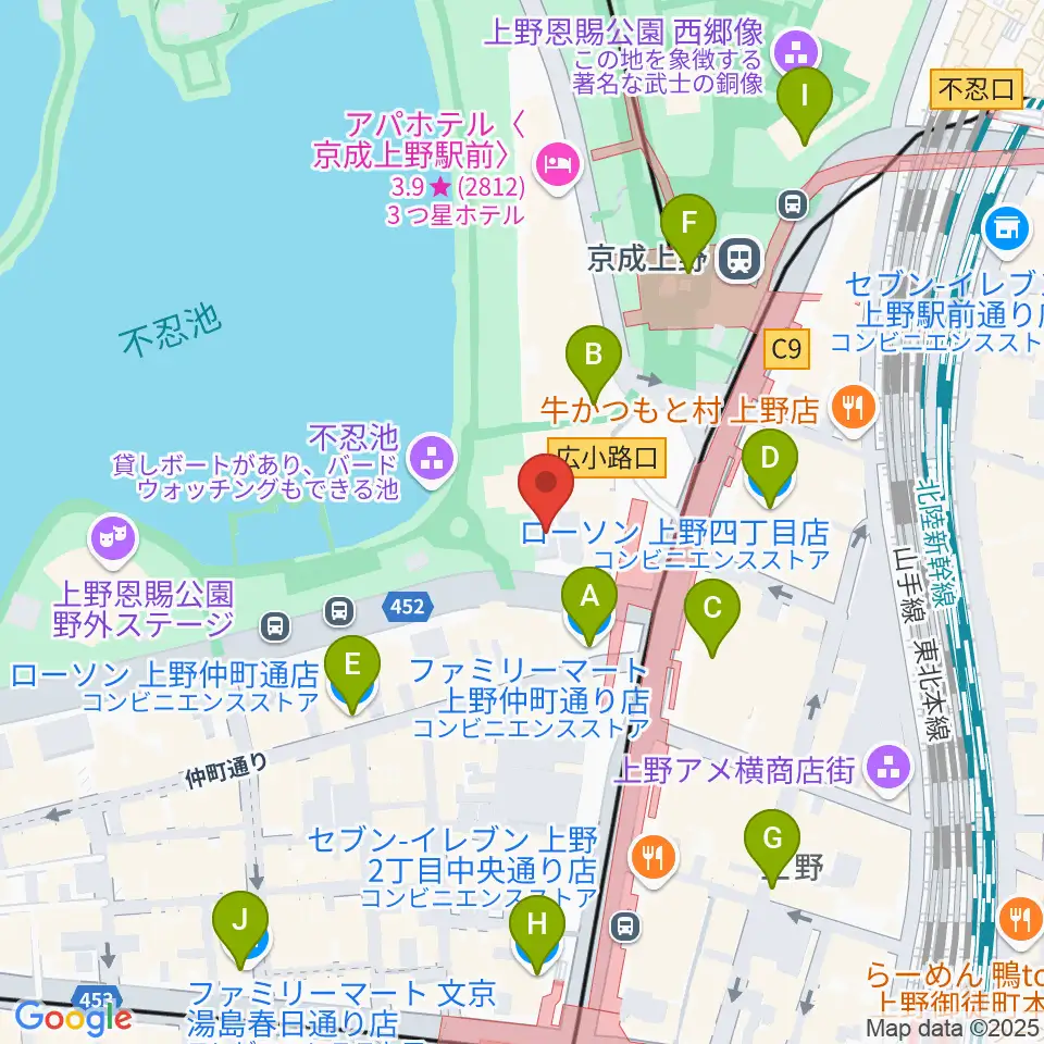 池之端ライブスペースQui周辺のコンビニエンスストア一覧地図