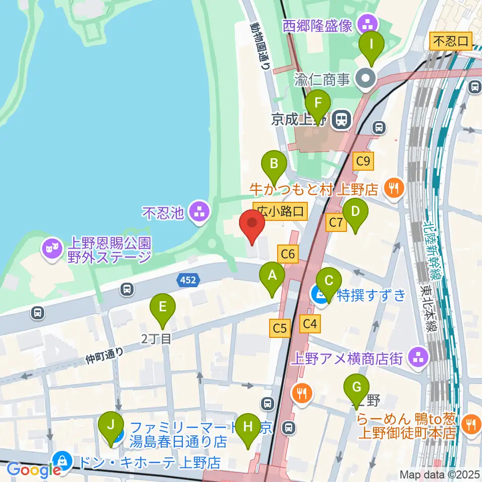 池之端ライブスペースQui周辺のコンビニエンスストア一覧地図