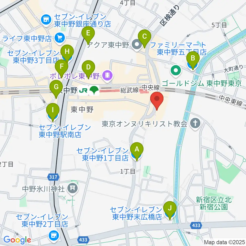 東中野 Cafeじみへん周辺のコンビニエンスストア一覧地図