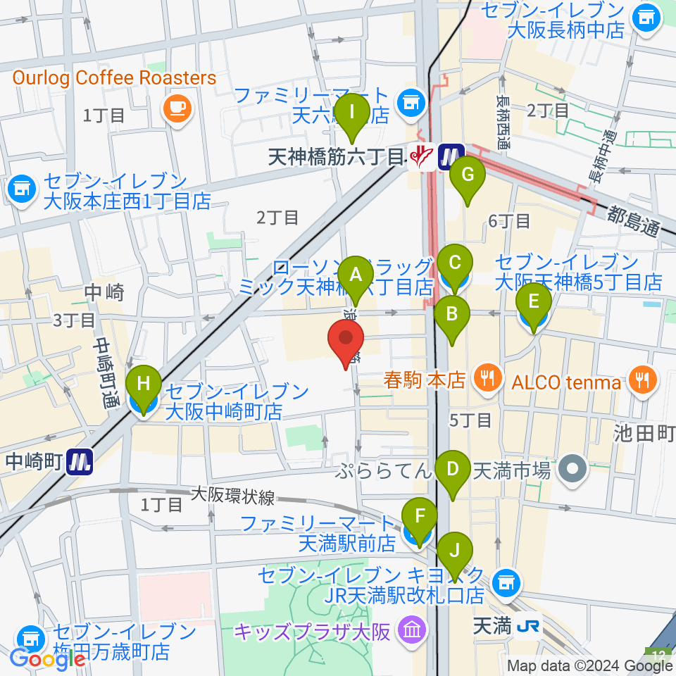 天満バンブークラブ周辺のコンビニエンスストア一覧地図