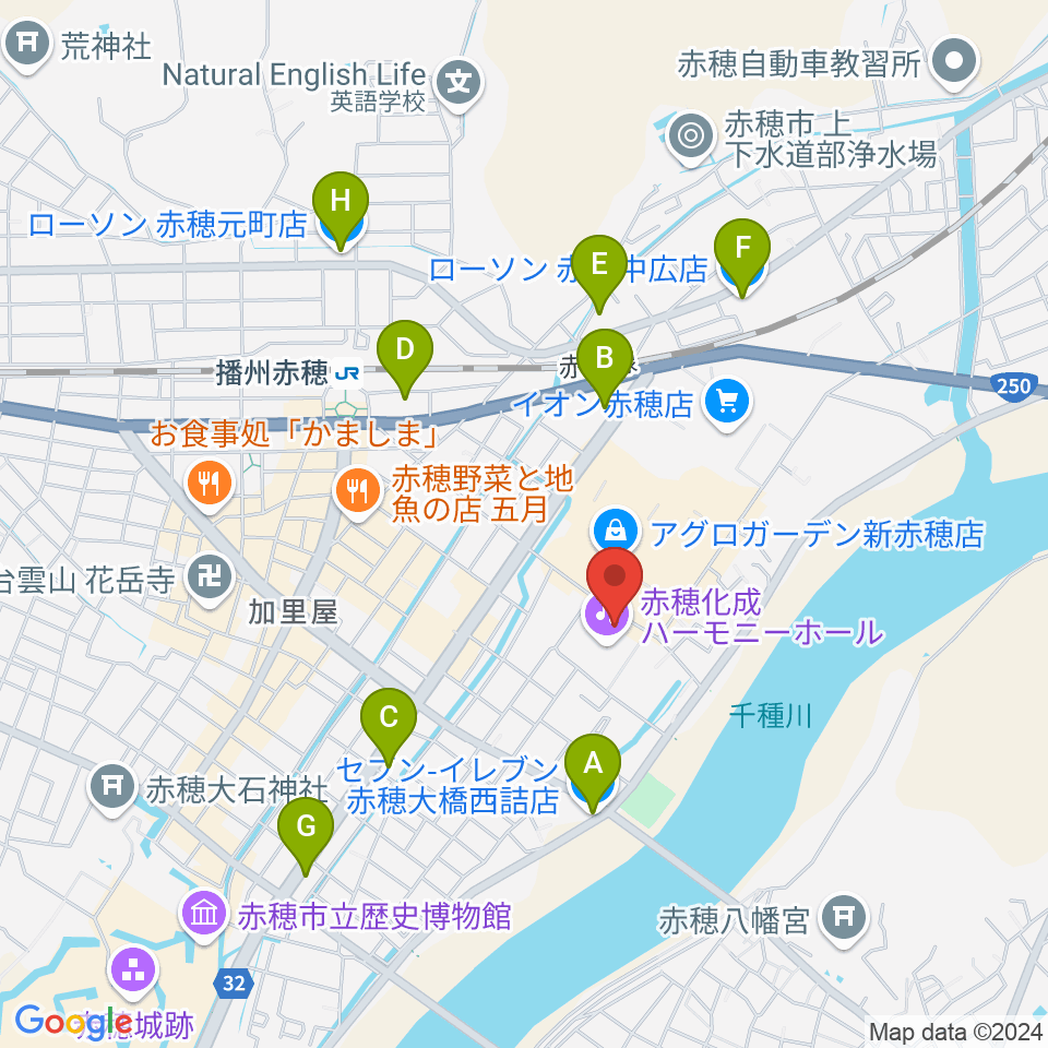 赤穂化成ハーモニーホール周辺のコンビニエンスストア一覧地図