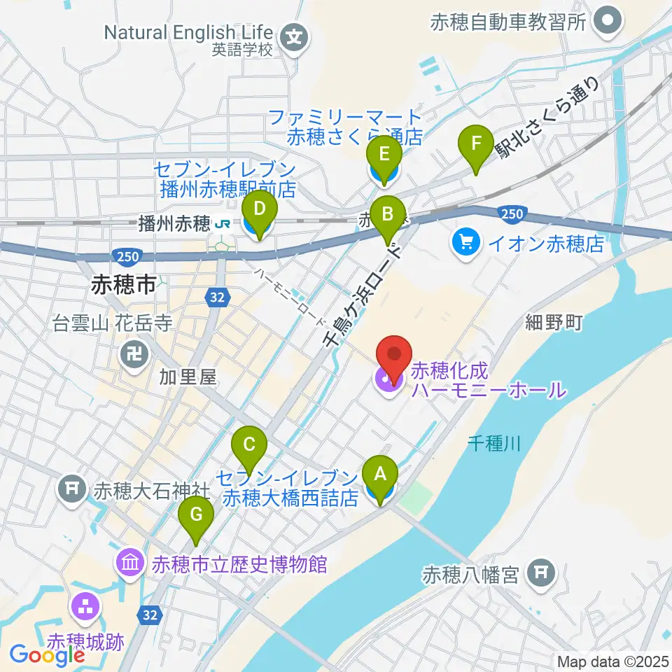 赤穂化成ハーモニーホール周辺のコンビニエンスストア一覧地図