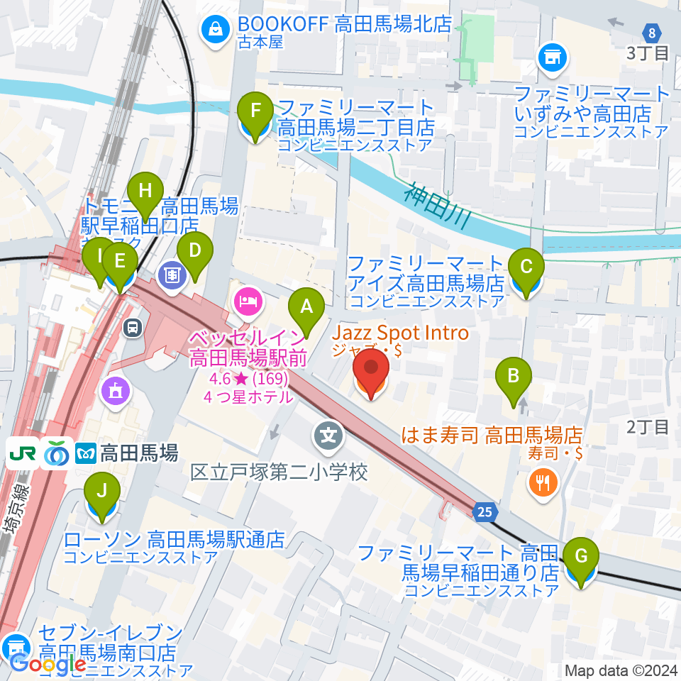 高田馬場イントロ周辺のコンビニエンスストア一覧地図