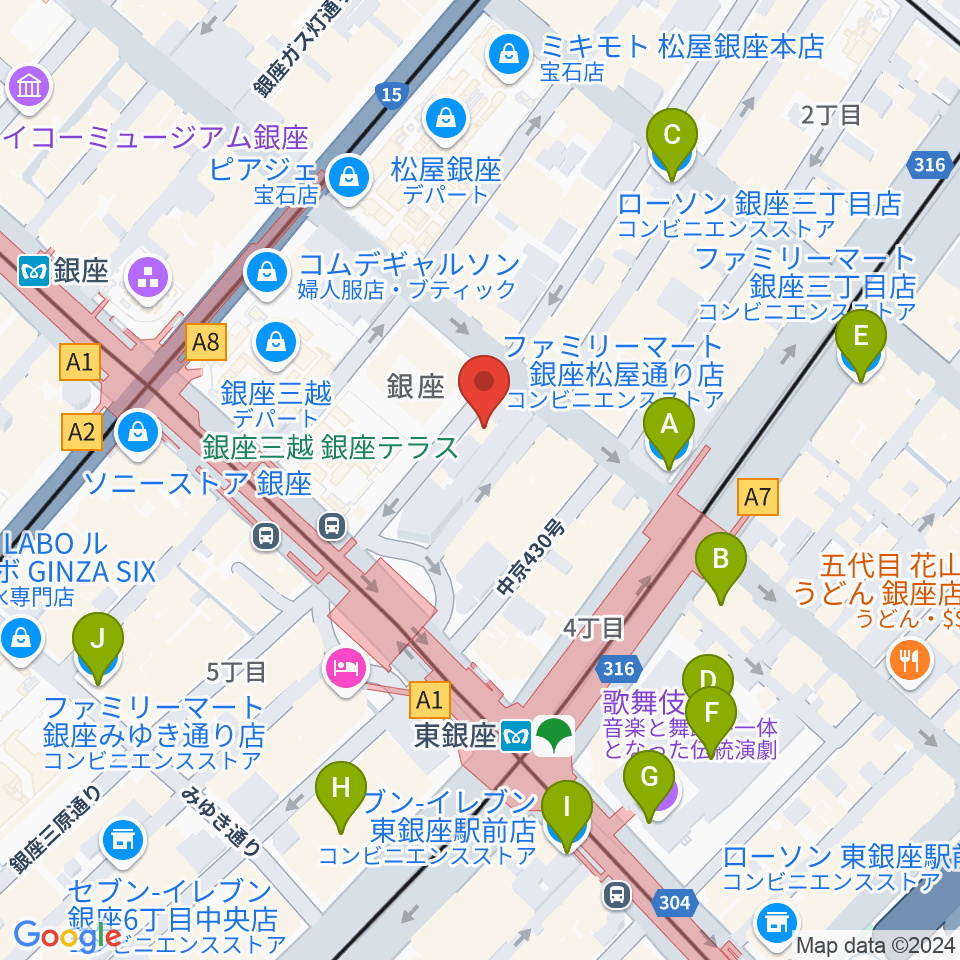 銀座ボンボン周辺のコンビニエンスストア一覧地図