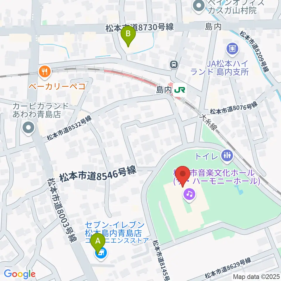 松本市音楽文化ホール ザ・ハーモニーホール周辺のコンビニエンスストア一覧地図
