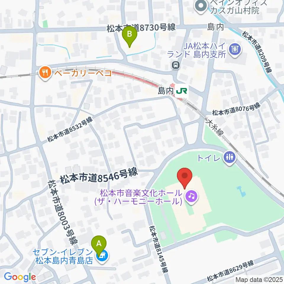 松本市音楽文化ホール ザ・ハーモニーホール周辺のコンビニエンスストア一覧地図