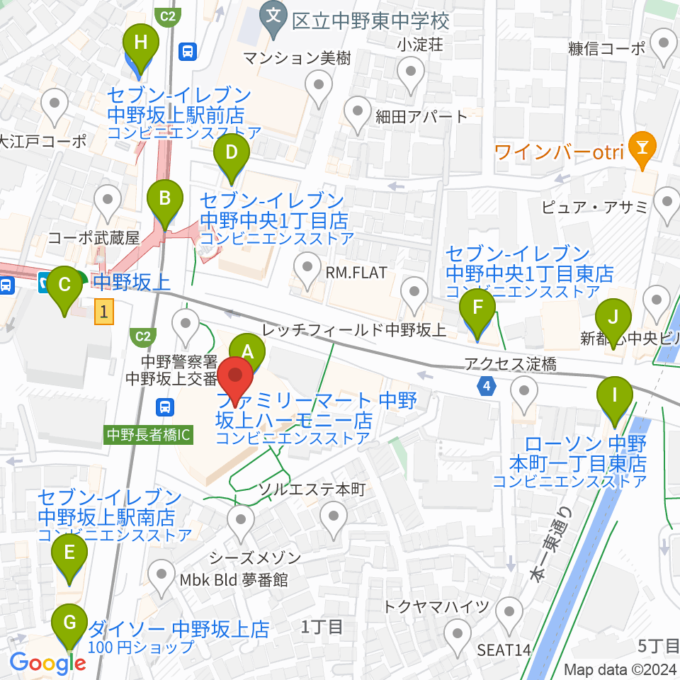中野坂上ハーモニーホール周辺のコンビニエンスストア一覧地図