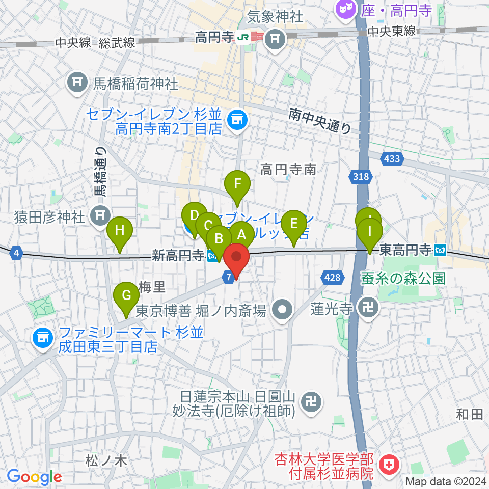 新高円寺スタックスフレッド周辺のコンビニエンスストア一覧地図