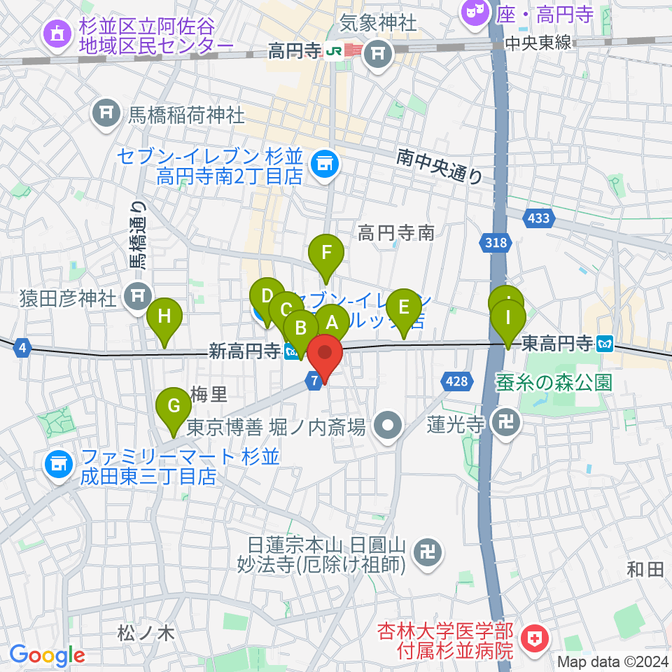 新高円寺スタックスフレッド周辺のコンビニエンスストア一覧地図