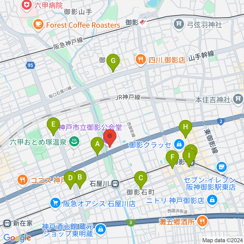 神戸市立御影公会堂周辺のコンビニエンスストア一覧地図