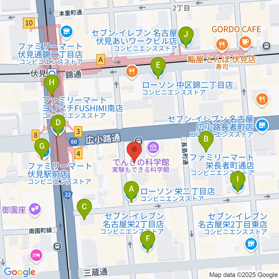 ドルチェ楽器 名古屋店周辺のコンビニエンスストア一覧地図