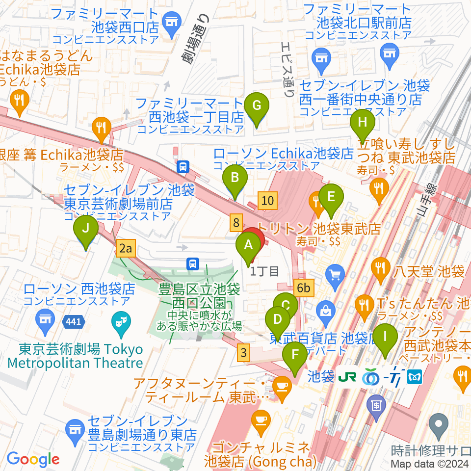 池袋Absolute Blue周辺のコンビニエンスストア一覧地図