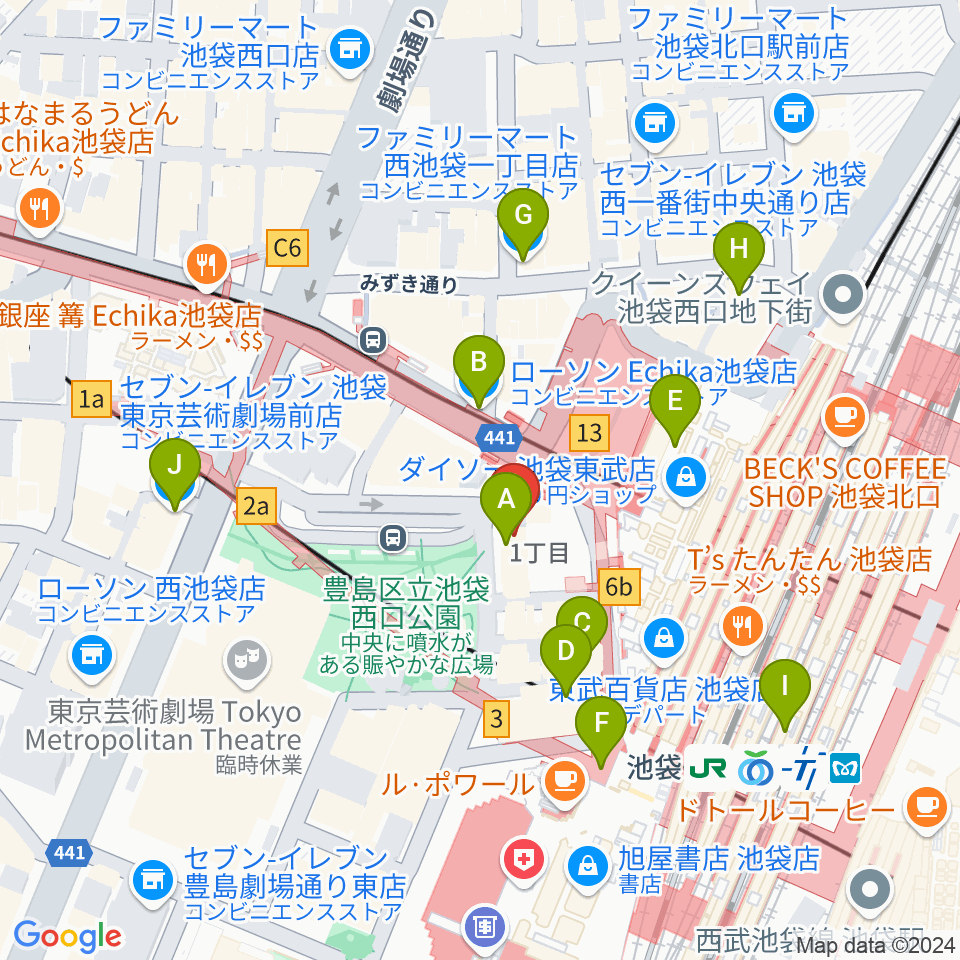 池袋Absolute Blue周辺のコンビニエンスストア一覧地図