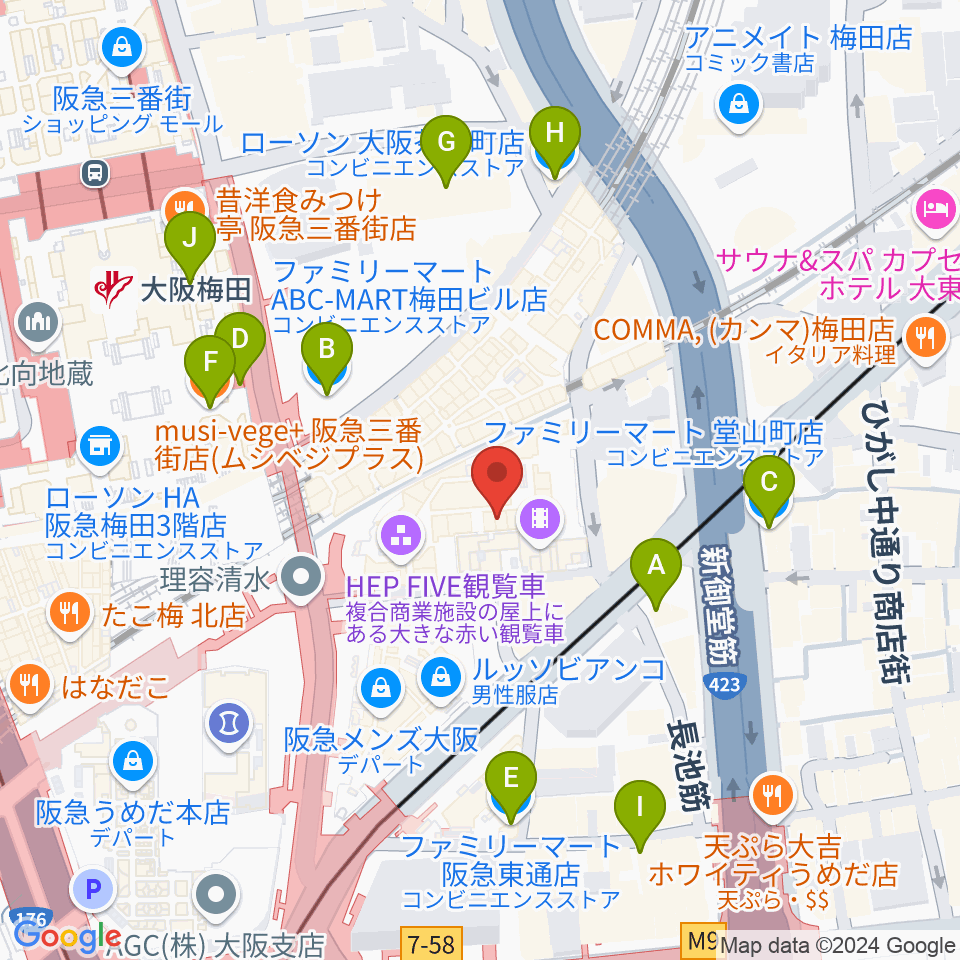 梅田HEP HALL周辺のコンビニエンスストア一覧地図