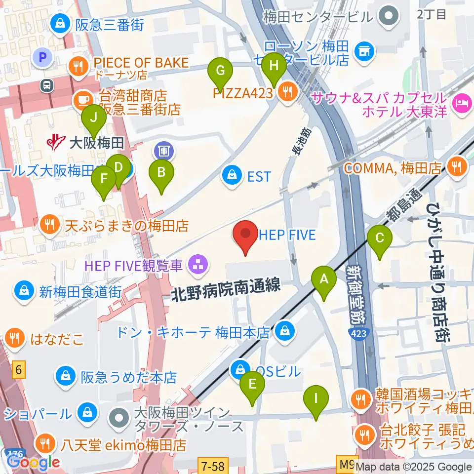 梅田HEP HALL周辺のコンビニエンスストア一覧地図