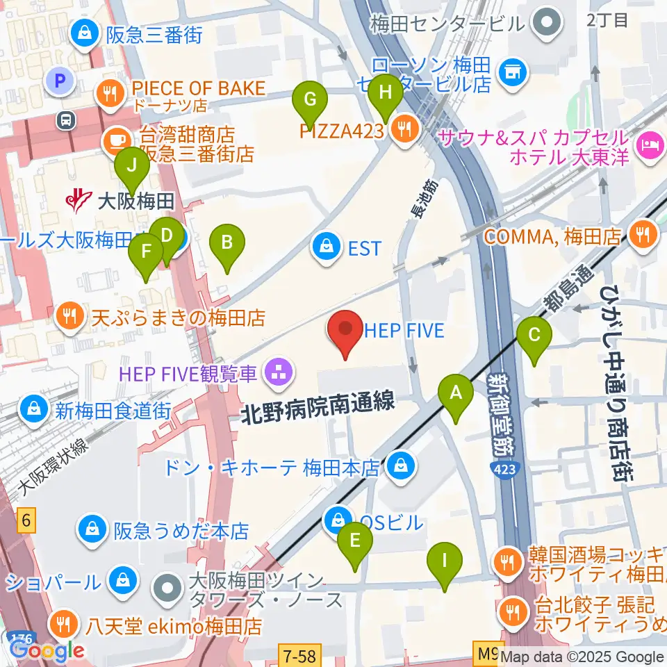 梅田HEP HALL周辺のコンビニエンスストア一覧地図