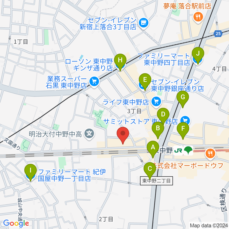 東中野カフェ・ド・リヨン周辺のコンビニエンスストア一覧地図